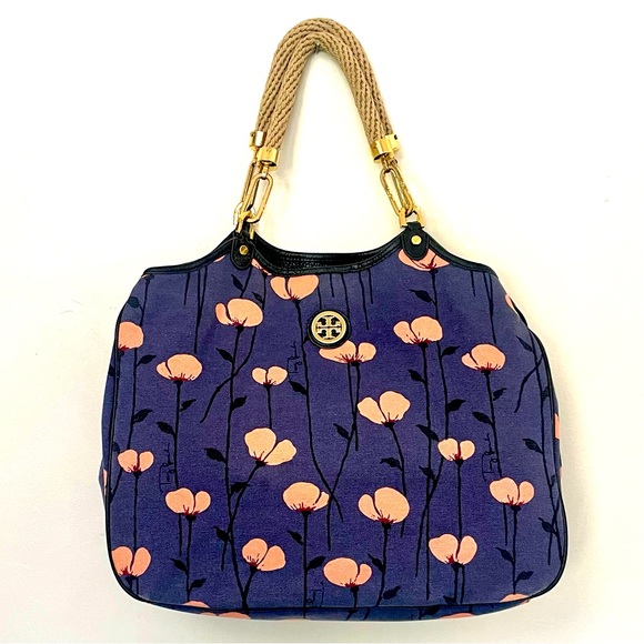 Tory Burch Floral Canvas Large Handbag Blue and Coral - Picture 1 of 11